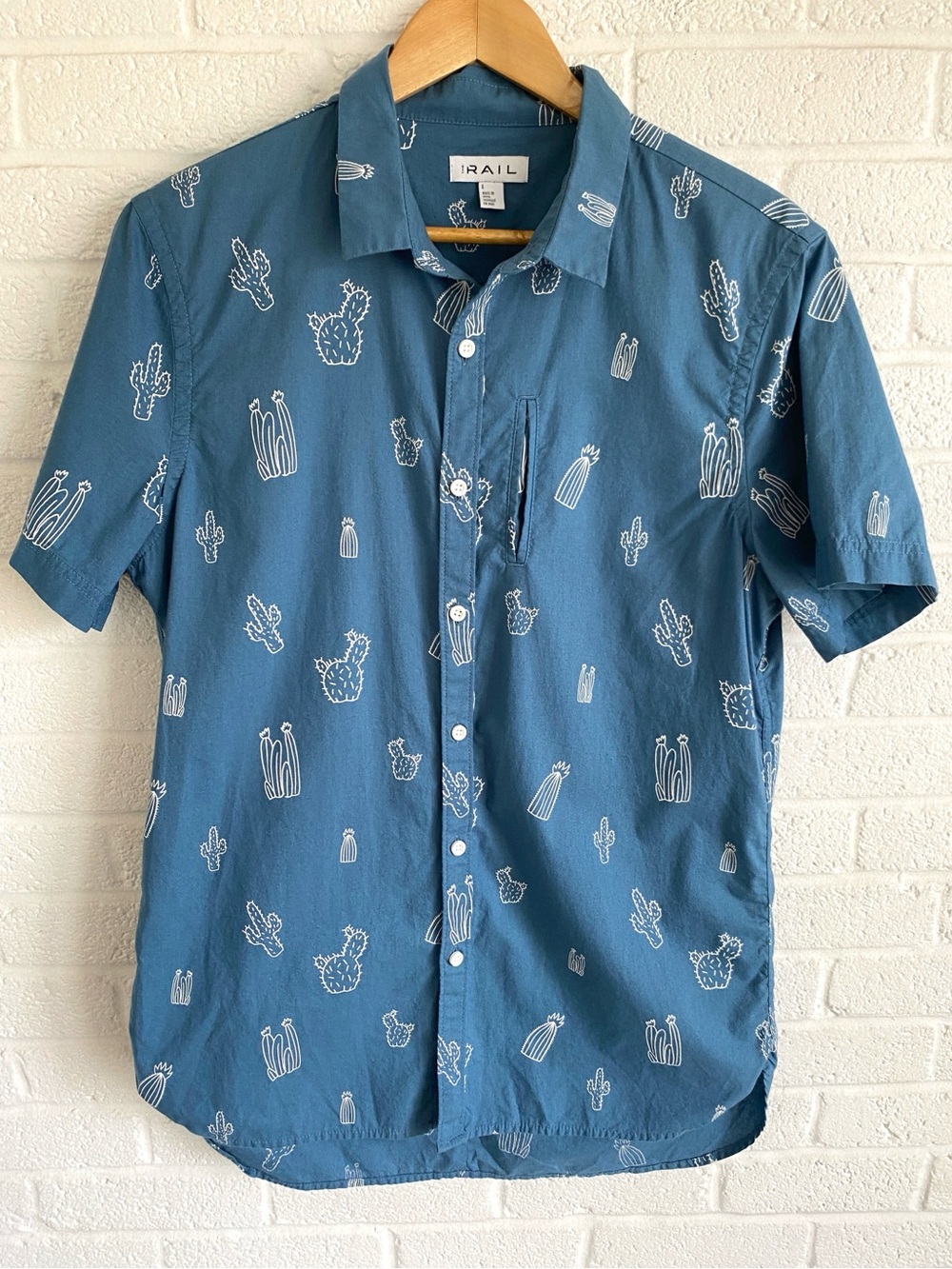 The Rail Mens Blue Short-Sleeve Cactus Print Button-Up Shirt Southwestern Desert
